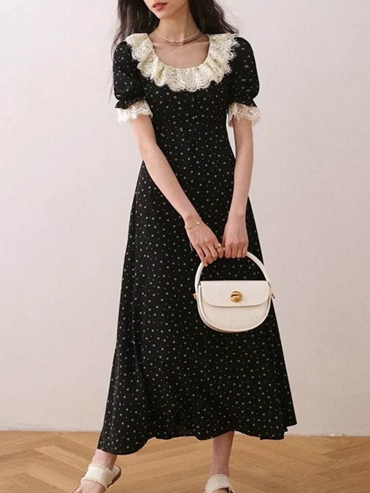 Midi Skirt Floral - 우아한 레이스 플로럴 반팔 미디 드레스
