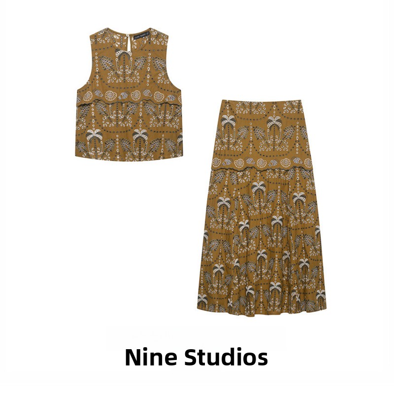 나인자르 여성 패션 세트 민소매 베스트 플로럴 프린트  - Midi Skirt Floral 리뷰 및 가격